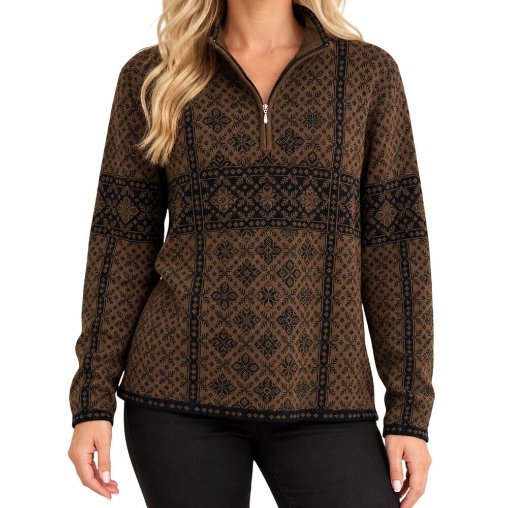 Obermeyer Signature 1947 Womens Large Brown Wool Blend Fair Isle Sweater Top